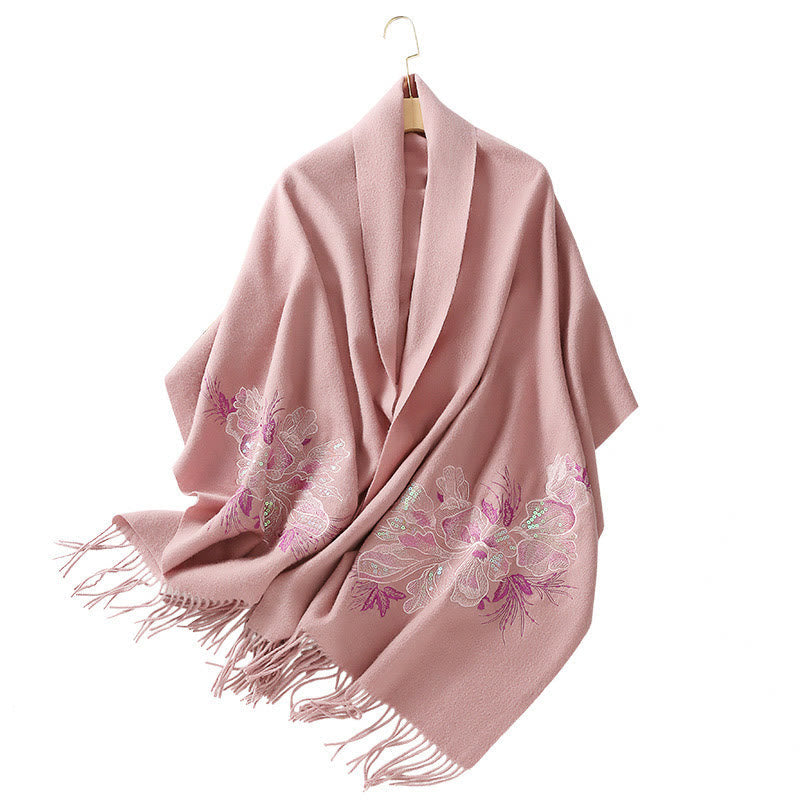 Nimara Ritual Wool Shawl Flower Sequin Embroidery Tassel Winter Cozy Travel Scarf Wrap