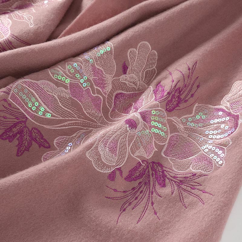 Nimara Ritual Wool Shawl Flower Sequin Embroidery Tassel Winter Cozy Travel Scarf Wrap