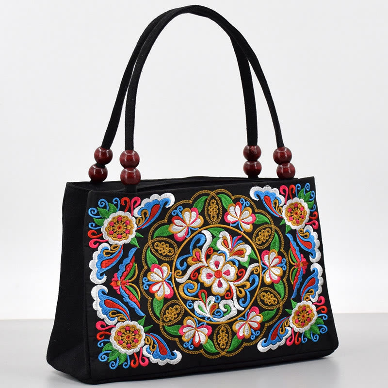 Nimara Ritual Galsang Inula Flower Peony Peacock Double-Sided Embroidery Canvas Shopping Purse Handbag