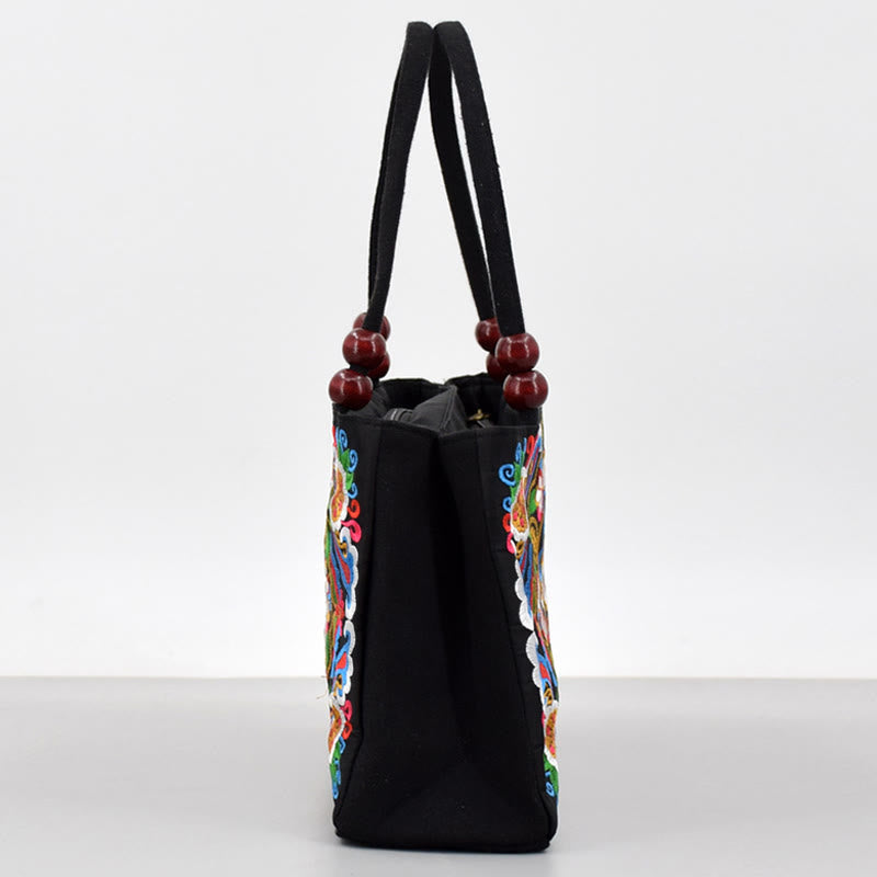 Nimara Ritual Galsang Inula Flower Peony Peacock Double-Sided Embroidery Canvas Shopping Purse Handbag