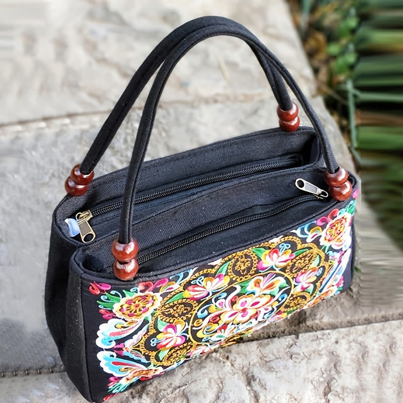 Nimara Ritual Galsang Inula Flower Peony Peacock Double-Sided Embroidery Canvas Shopping Purse Handbag