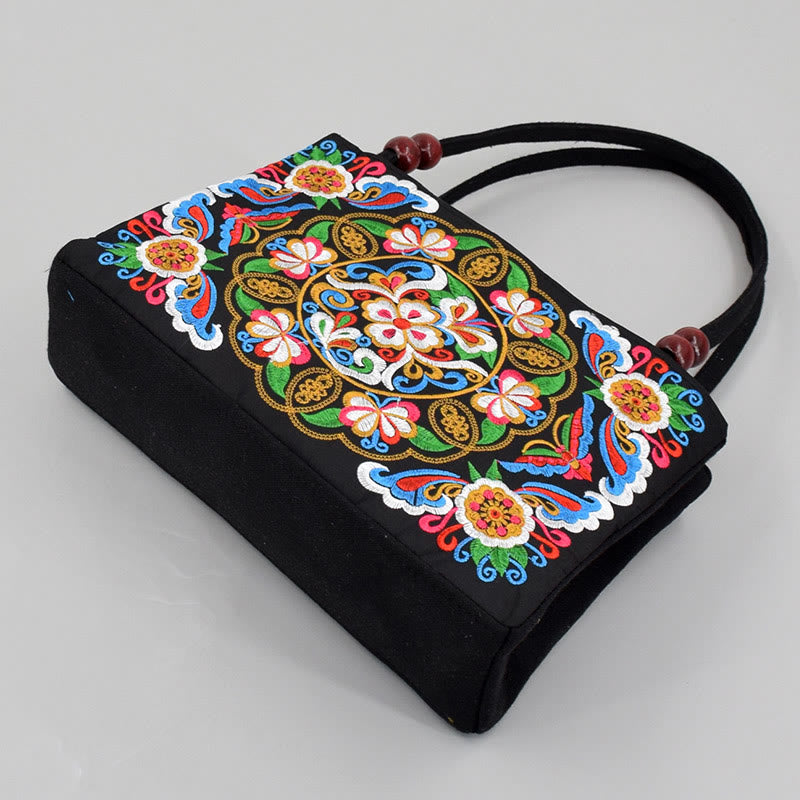 Nimara Ritual Galsang Inula Flower Peony Peacock Double-Sided Embroidery Canvas Shopping Purse Handbag