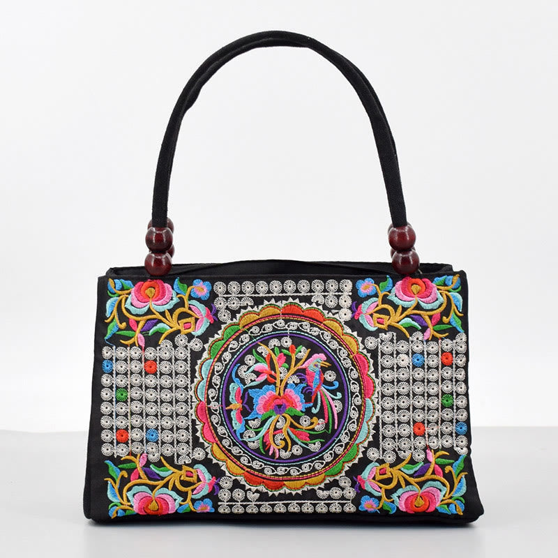 Nimara Ritual Galsang Inula Flower Peony Peacock Double-Sided Embroidery Canvas Shopping Purse Handbag
