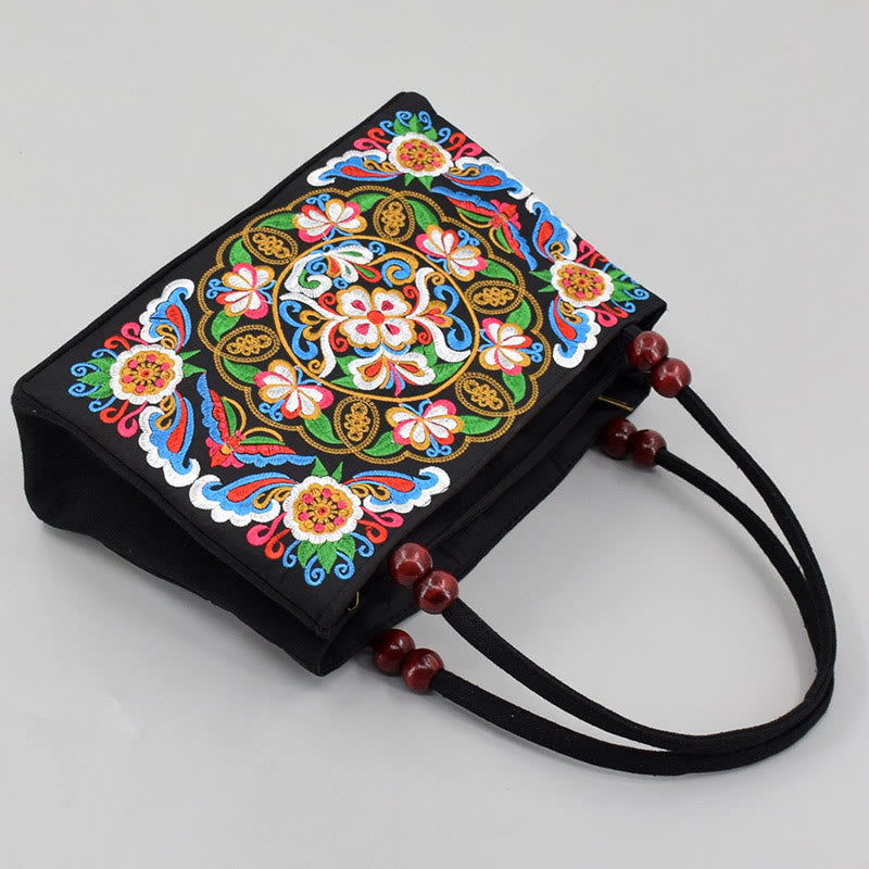 Nimara Ritual Galsang Inula Flower Peony Peacock Double-Sided Embroidery Canvas Shopping Purse Handbag