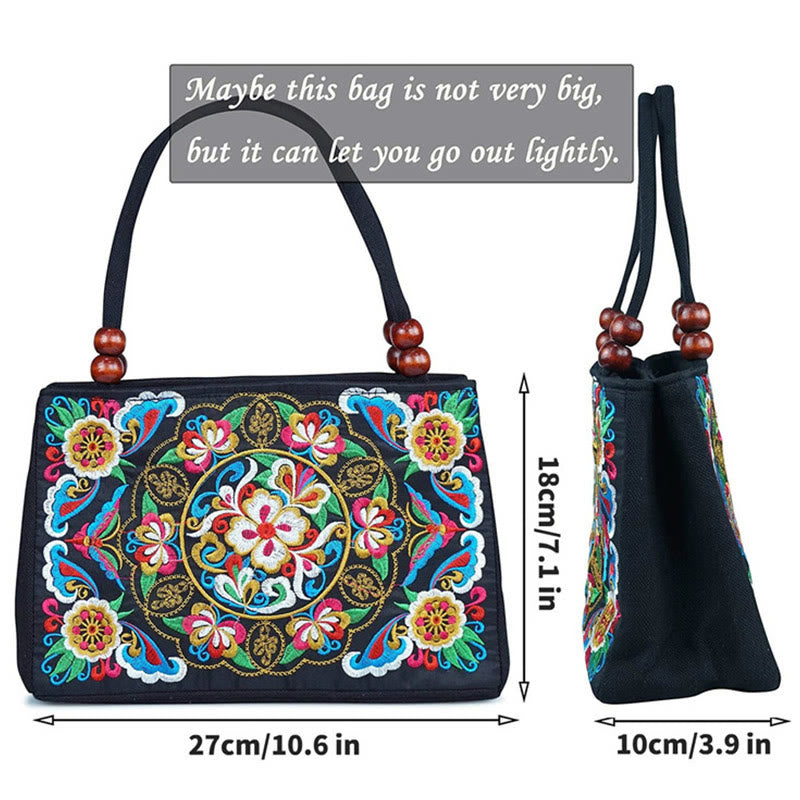 Nimara Ritual Galsang Inula Flower Peony Peacock Double-Sided Embroidery Canvas Shopping Purse Handbag