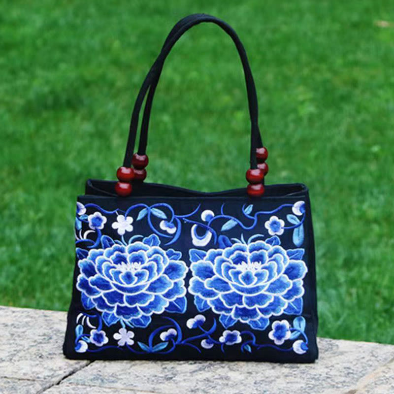 Nimara Ritual Galsang Inula Flower Peony Peacock Double-Sided Embroidery Canvas Shopping Purse Handbag
