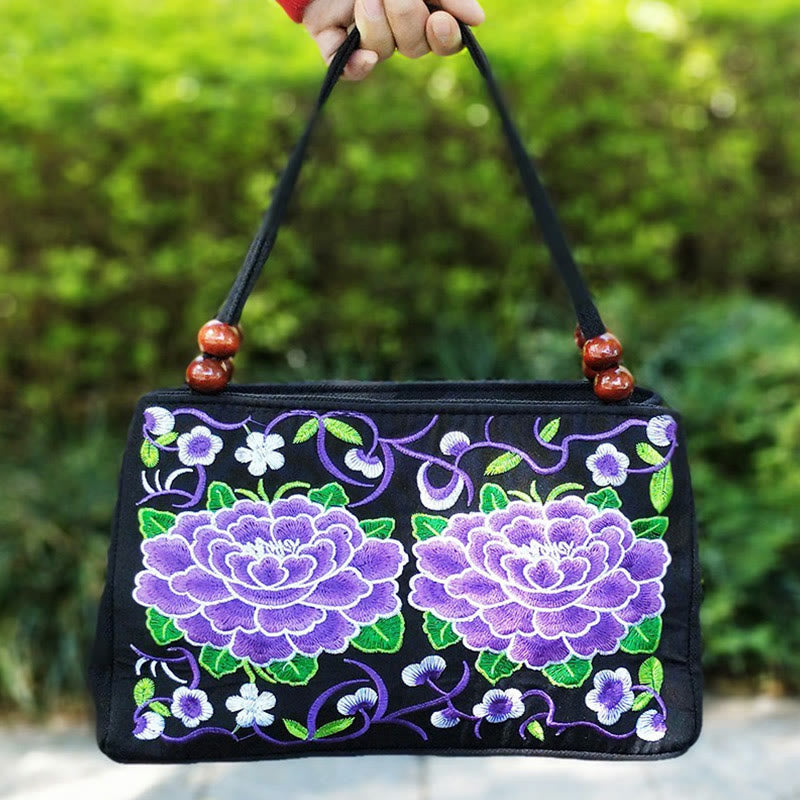 Nimara Ritual Galsang Inula Flower Peony Peacock Double-Sided Embroidery Canvas Shopping Purse Handbag