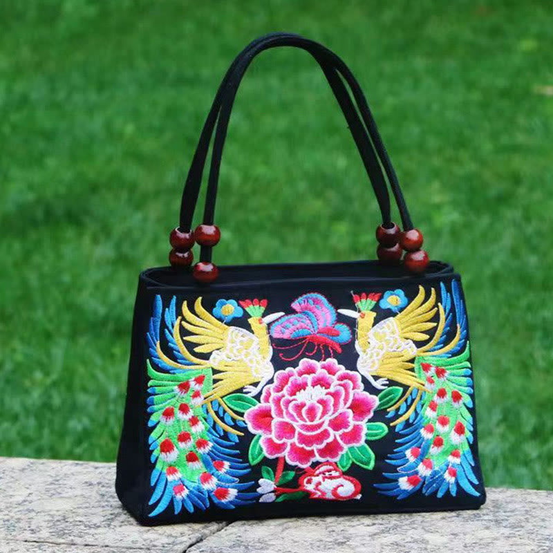 Nimara Ritual Galsang Inula Flower Peony Peacock Double-Sided Embroidery Canvas Shopping Purse Handbag