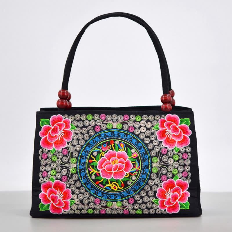 Nimara Ritual Galsang Inula Flower Peony Peacock Double-Sided Embroidery Canvas Shopping Purse Handbag