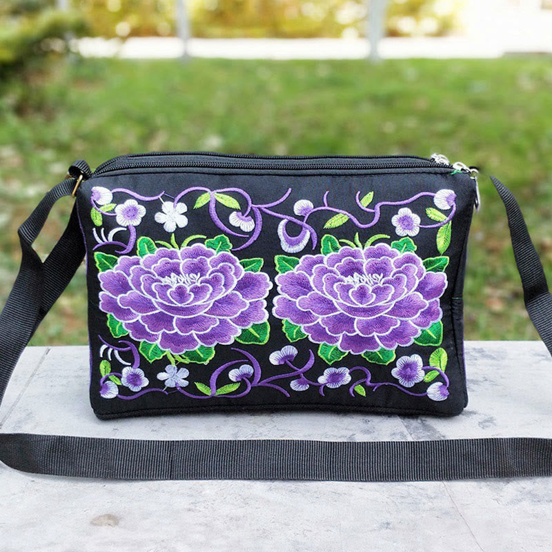 Nimara Ritual Galsang Inula Flower Peony Peacock Double-Sided Embroidery Canvas Shopping Purse Handbag Crossbody Bag
