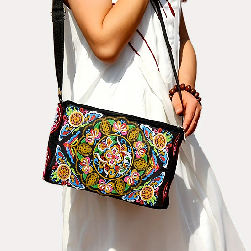 Nimara Ritual Galsang Inula Flower Peony Peacock Double-Sided Embroidery Canvas Shopping Purse Handbag Crossbody Bag