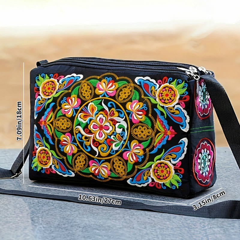 Nimara Ritual Galsang Inula Flower Peony Peacock Double-Sided Embroidery Canvas Shopping Purse Handbag Crossbody Bag