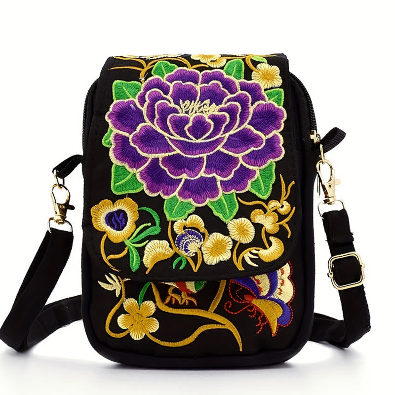 Nimara Ritual Inula Flower Peony Embroidery Canvas Shopping Purse Handbag Crossbody Bag