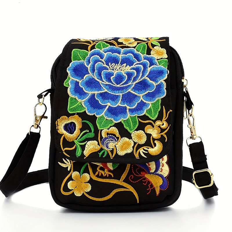Nimara Ritual Inula Flower Peony Embroidery Canvas Shopping Purse Handbag Crossbody Bag