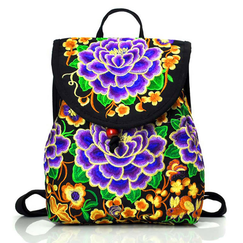 Nimara Ritual Peony Chinese Money Tree Embroidery Canvas Backpack