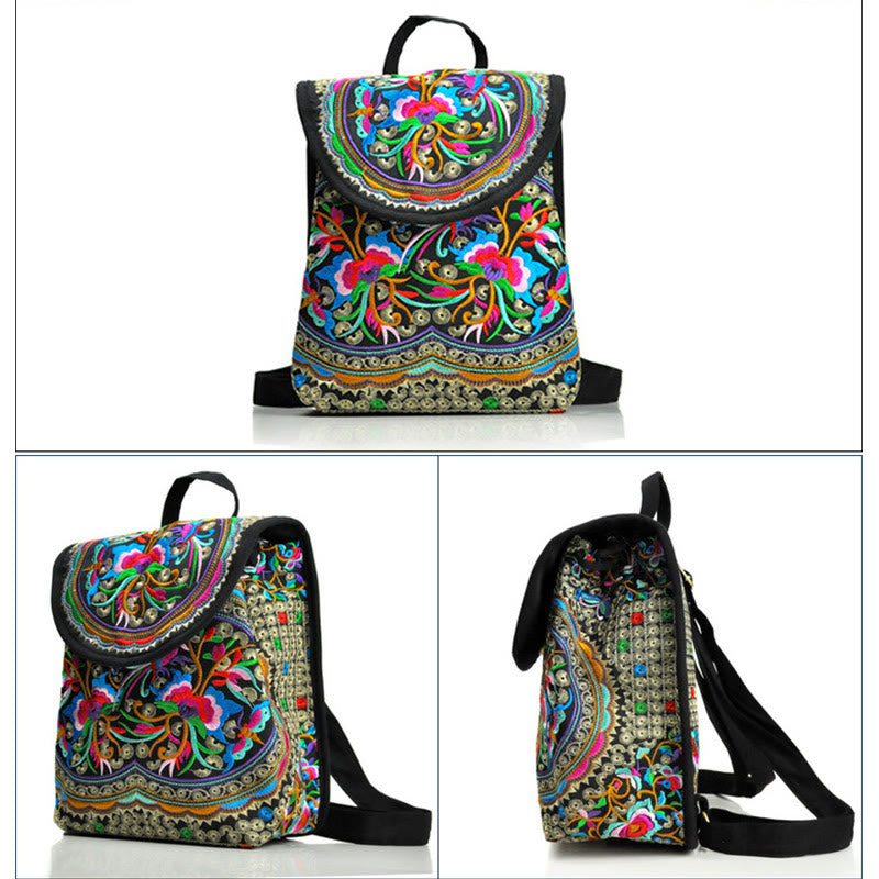 Nimara Ritual Peony Chinese Money Tree Embroidery Canvas Backpack