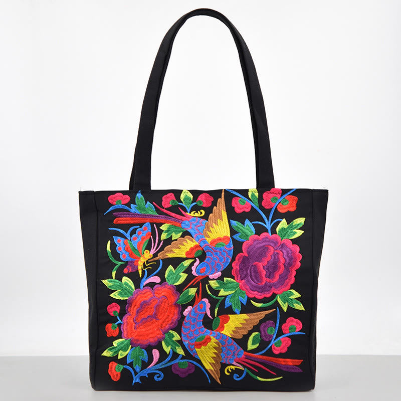 Nimara Ritual Galsang Magpie Peony Camellia Chrysanthemum Embroidery Canvas Shopping Purse Handbag Shoulder Bag