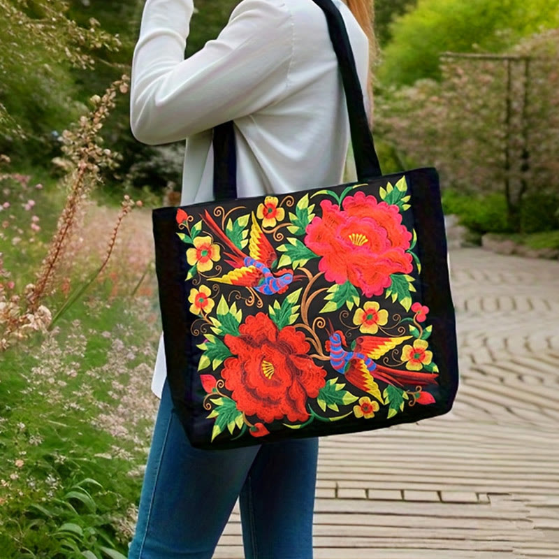 Nimara Ritual Galsang Magpie Peony Camellia Chrysanthemum Embroidery Canvas Shopping Purse Handbag Shoulder Bag