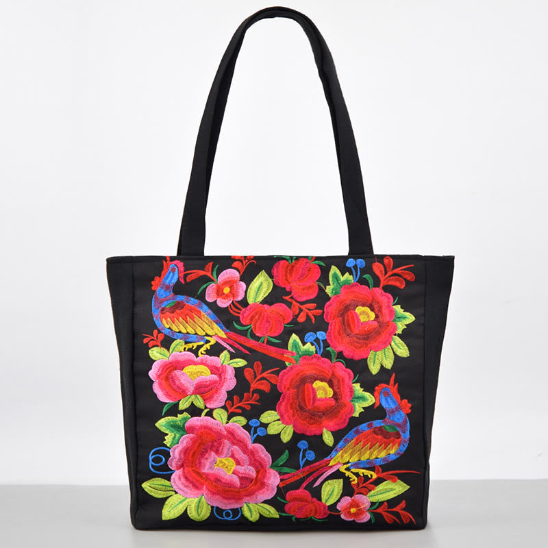 Nimara Ritual Galsang Magpie Peony Camellia Chrysanthemum Embroidery Canvas Shopping Purse Handbag Shoulder Bag