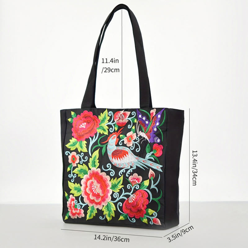 Nimara Ritual Galsang Magpie Peony Camellia Chrysanthemum Embroidery Canvas Shopping Purse Handbag Shoulder Bag