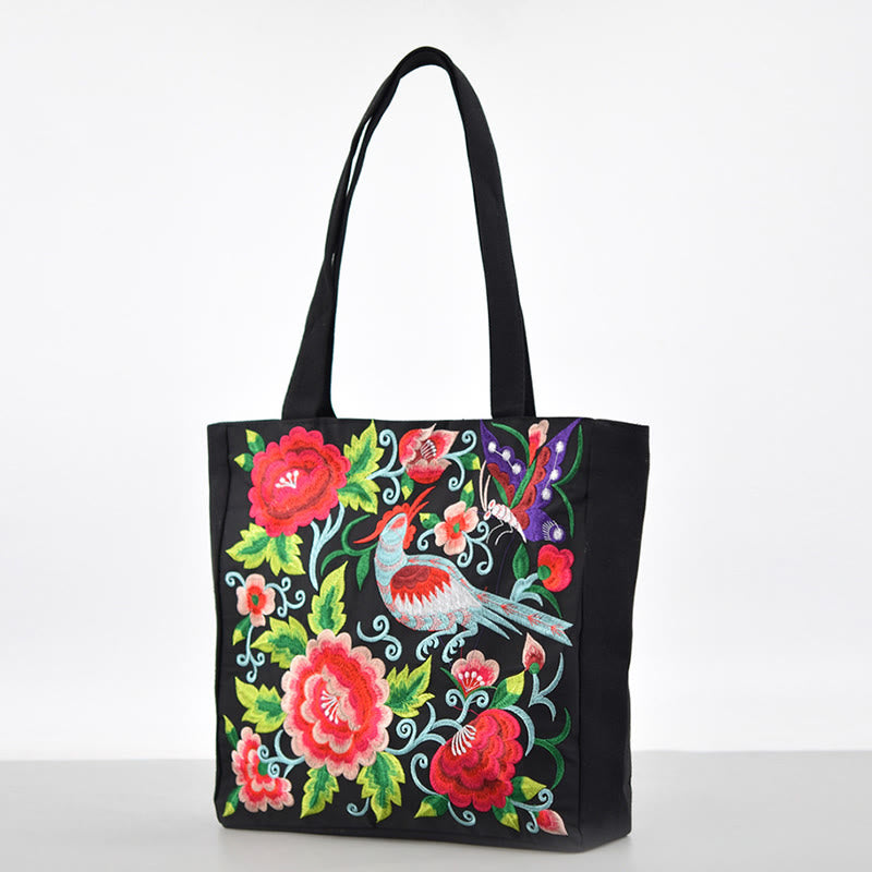 Nimara Ritual Galsang Magpie Peony Camellia Chrysanthemum Embroidery Canvas Shopping Purse Handbag Shoulder Bag