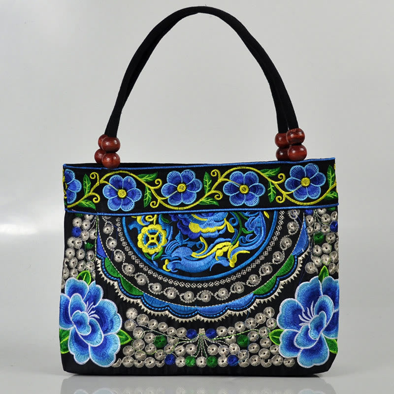 Nimara Ritual Money Tree Peony Phoenix Apple Blossom Double-Sided Embroidery Cotton Canvas Shopping Purse Handbag
