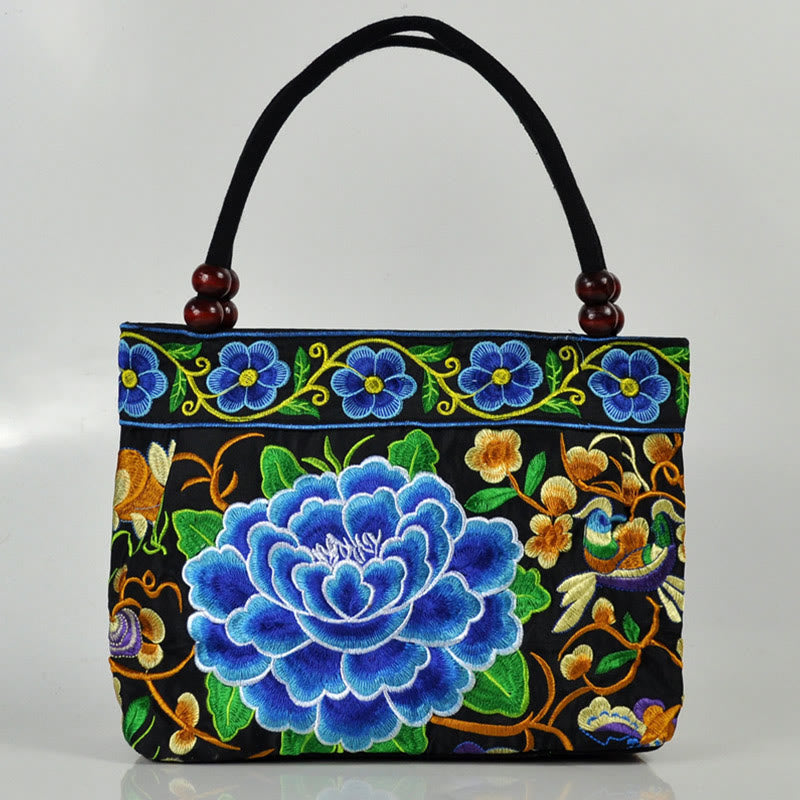 Nimara Ritual Money Tree Peony Phoenix Apple Blossom Double-Sided Embroidery Cotton Canvas Shopping Purse Handbag