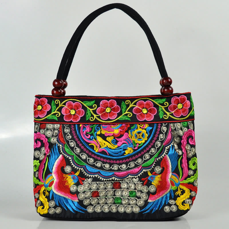 Nimara Ritual Money Tree Peony Phoenix Apple Blossom Double-Sided Embroidery Cotton Canvas Shopping Purse Handbag