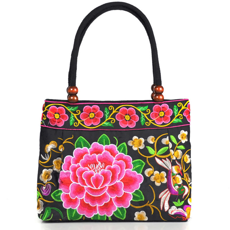 Nimara Ritual Money Tree Peony Phoenix Apple Blossom Double-Sided Embroidery Cotton Canvas Shopping Purse Handbag
