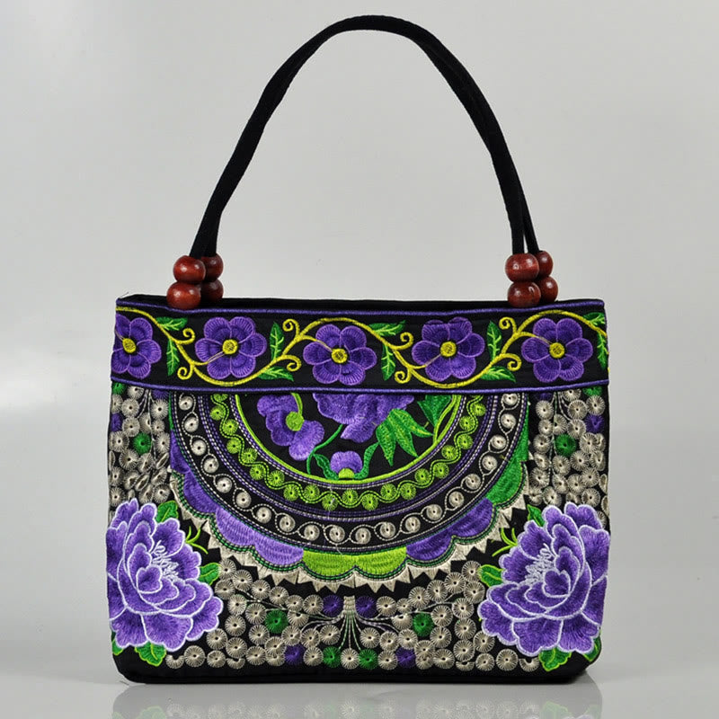 Nimara Ritual Money Tree Peony Phoenix Apple Blossom Double-Sided Embroidery Cotton Canvas Shopping Purse Handbag