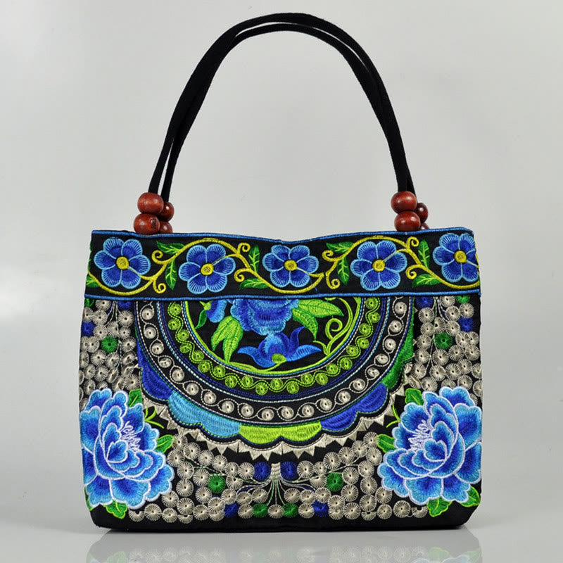 Nimara Ritual Money Tree Peony Phoenix Apple Blossom Double-Sided Embroidery Cotton Canvas Shopping Purse Handbag