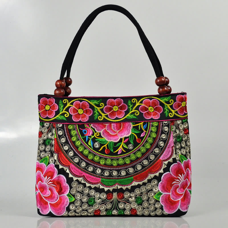 Nimara Ritual Money Tree Peony Phoenix Apple Blossom Double-Sided Embroidery Cotton Canvas Shopping Purse Handbag