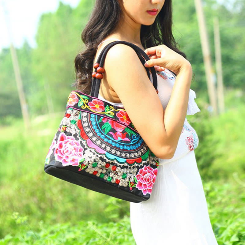 Nimara Ritual Money Tree Peony Phoenix Apple Blossom Double-Sided Embroidery Cotton Canvas Shopping Purse Handbag