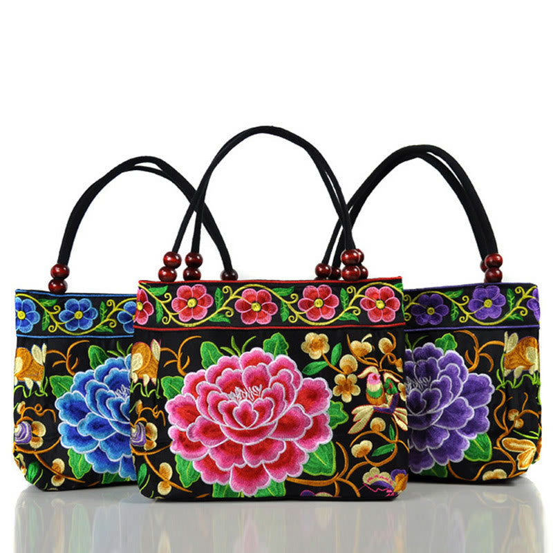 Nimara Ritual Money Tree Peony Phoenix Apple Blossom Double-Sided Embroidery Cotton Canvas Shopping Purse Handbag