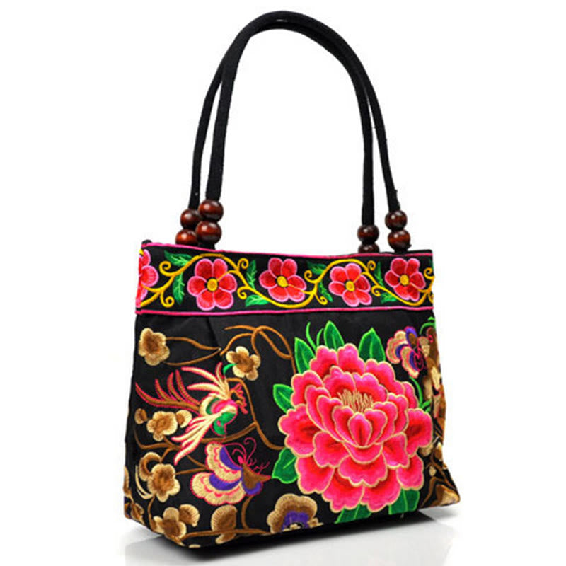 Nimara Ritual Money Tree Peony Phoenix Apple Blossom Double-Sided Embroidery Cotton Canvas Shopping Purse Handbag