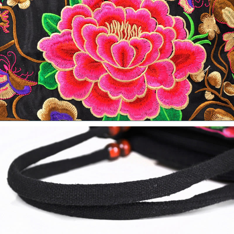 Nimara Ritual Money Tree Peony Phoenix Apple Blossom Double-Sided Embroidery Cotton Canvas Shopping Purse Handbag