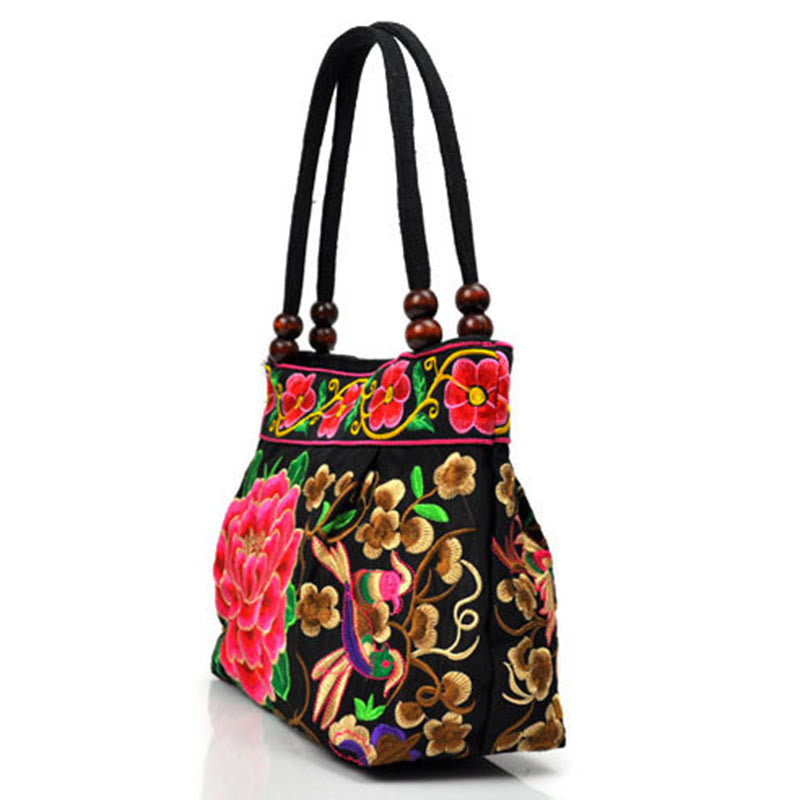 Nimara Ritual Money Tree Peony Phoenix Apple Blossom Double-Sided Embroidery Cotton Canvas Shopping Purse Handbag