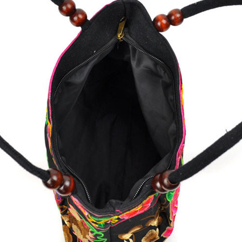 Nimara Ritual Money Tree Peony Phoenix Apple Blossom Double-Sided Embroidery Cotton Canvas Shopping Purse Handbag