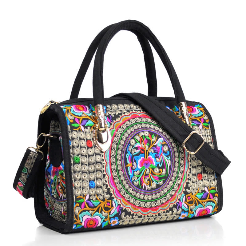 Nimara Ritual Money Tree Peony Camellia Double-Sided Embroidery Canvas Shopping Purse Handbag Crossbody Bag