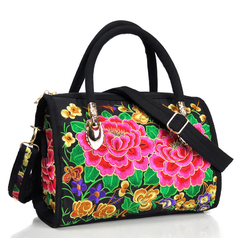 Nimara Ritual Money Tree Peony Camellia Double-Sided Embroidery Canvas Shopping Purse Handbag Crossbody Bag