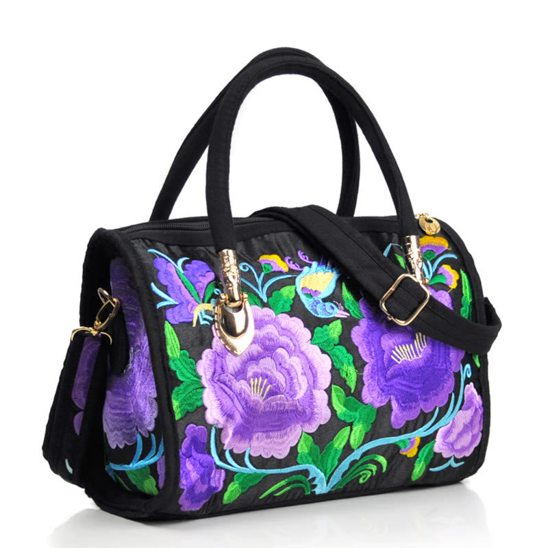 Nimara Ritual Money Tree Peony Camellia Double-Sided Embroidery Canvas Shopping Purse Handbag Crossbody Bag