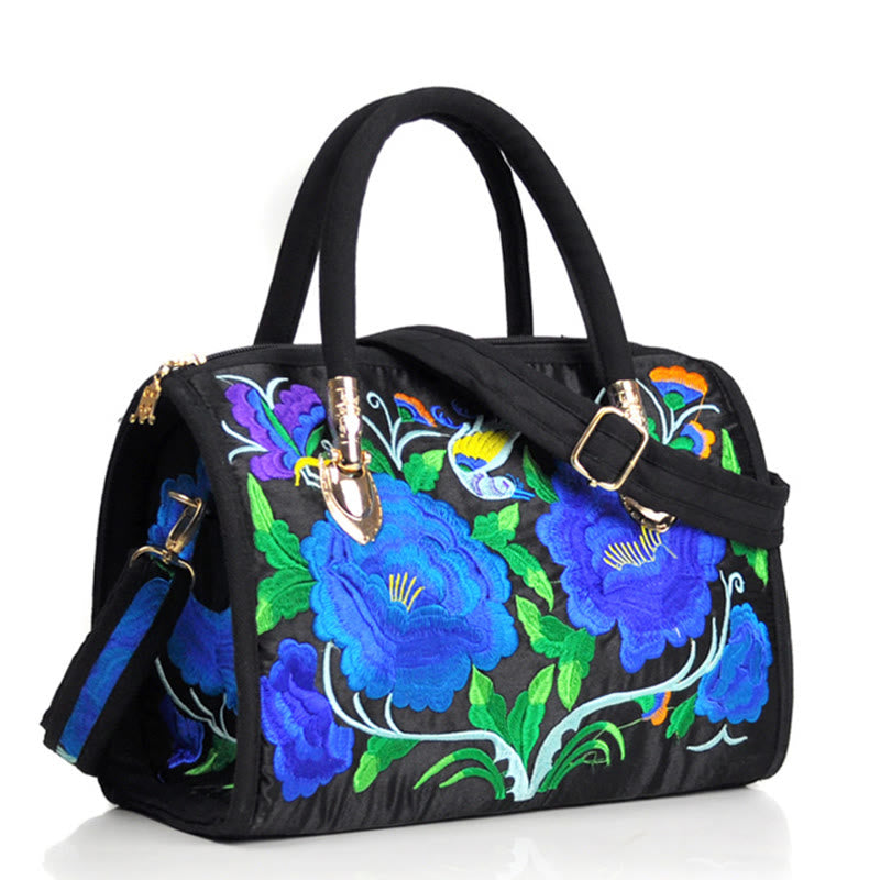Nimara Ritual Money Tree Peony Camellia Double-Sided Embroidery Canvas Shopping Purse Handbag Crossbody Bag