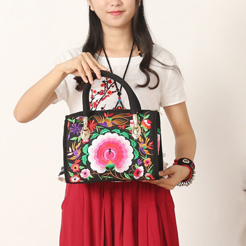 Nimara Ritual Money Tree Peony Camellia Double-Sided Embroidery Canvas Shopping Purse Handbag Crossbody Bag