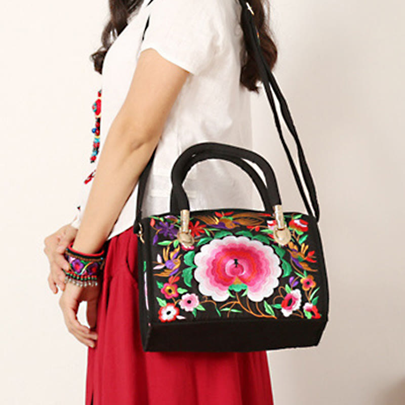 Nimara Ritual Money Tree Peony Camellia Double-Sided Embroidery Canvas Shopping Purse Handbag Crossbody Bag