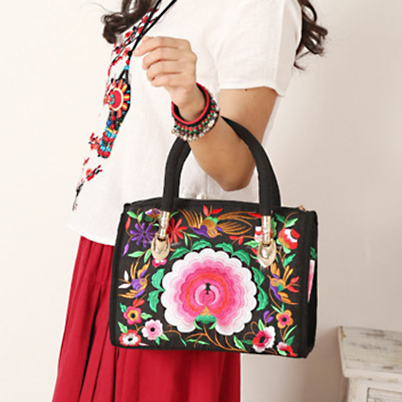 Nimara Ritual Money Tree Peony Camellia Double-Sided Embroidery Canvas Shopping Purse Handbag Crossbody Bag