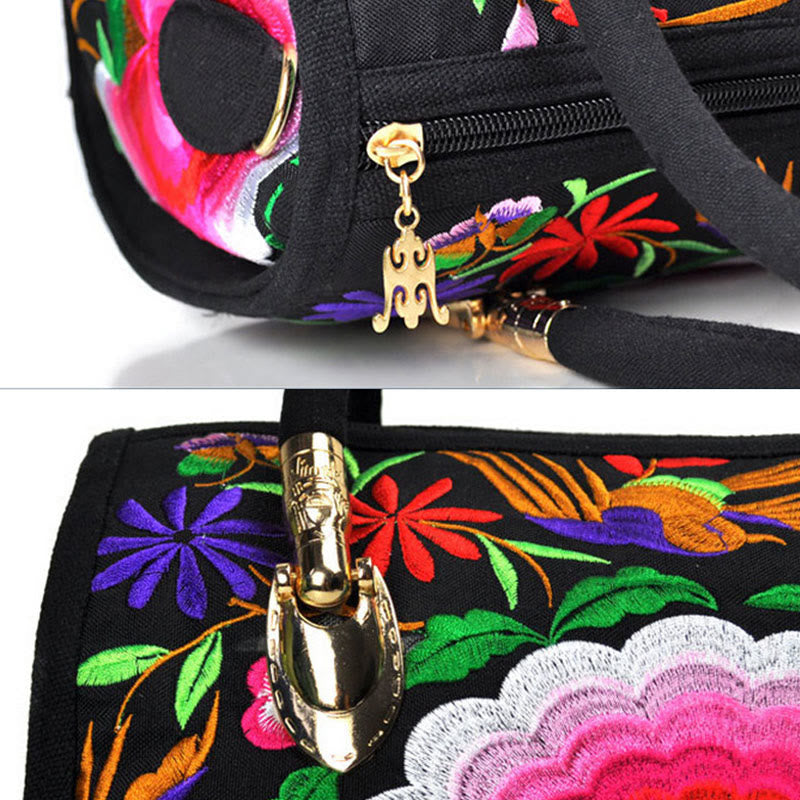 Nimara Ritual Money Tree Peony Camellia Double-Sided Embroidery Canvas Shopping Purse Handbag Crossbody Bag