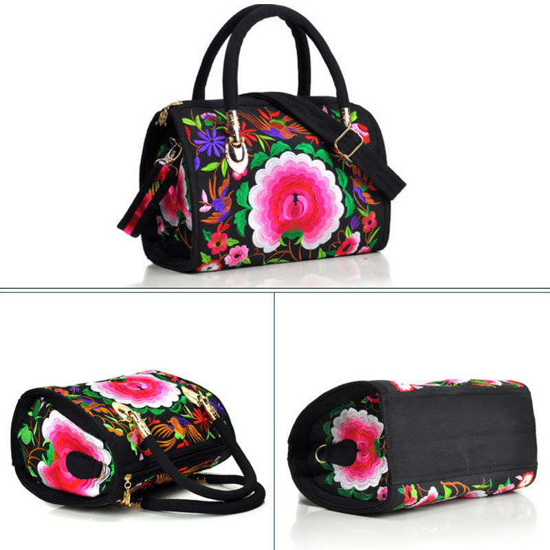 Nimara Ritual Money Tree Peony Camellia Double-Sided Embroidery Canvas Shopping Purse Handbag Crossbody Bag