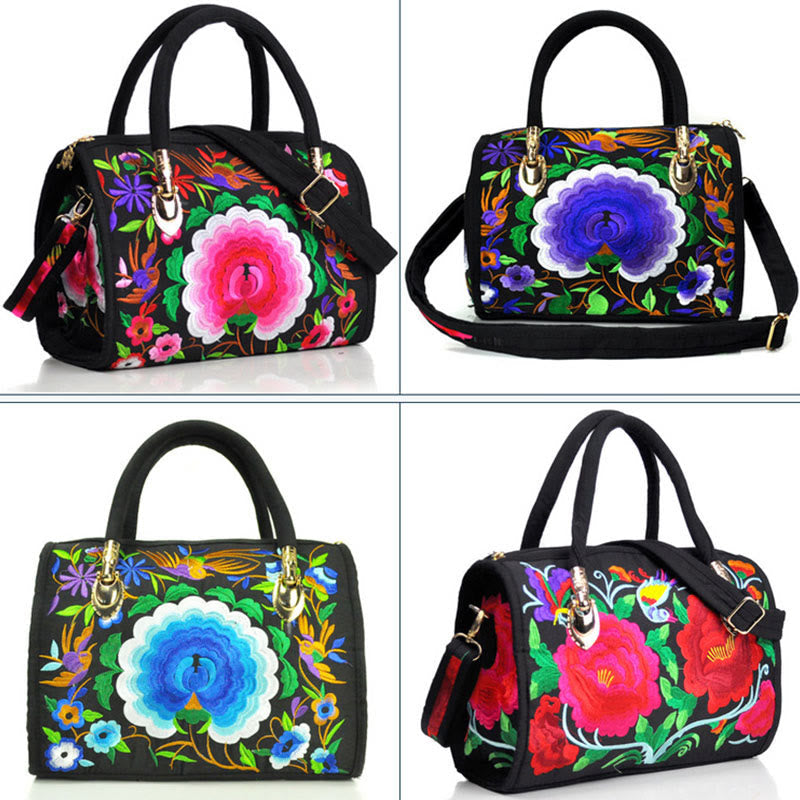 Nimara Ritual Money Tree Peony Camellia Double-Sided Embroidery Canvas Shopping Purse Handbag Crossbody Bag