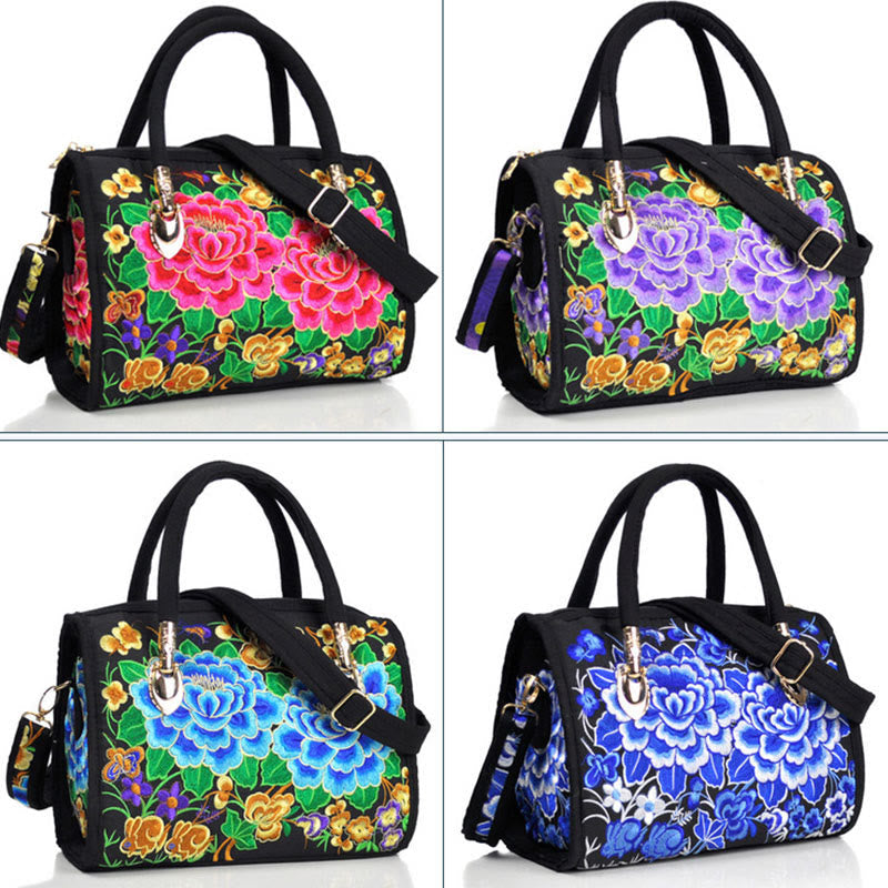 Nimara Ritual Money Tree Peony Camellia Double-Sided Embroidery Canvas Shopping Purse Handbag Crossbody Bag