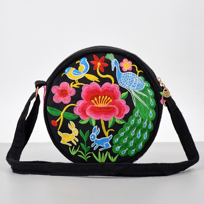 Nimara Ritual Money Tree Galsang Inula Flower Peony Rose Peacock Double-Sided Embroidery Canvas Shopping Purse Handbag Crossbody Bag